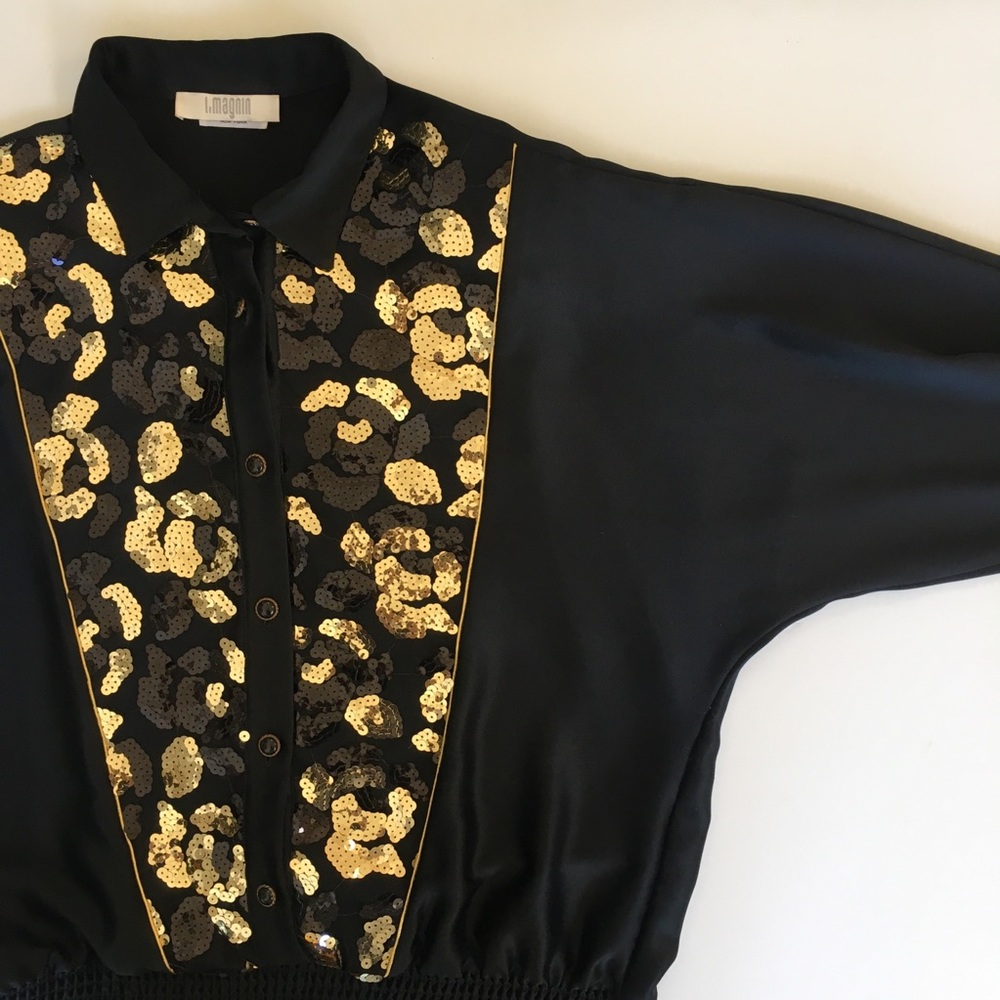 Vintage I. Magnin Jamboree of NY Black Blouse Gold trim & sequins USA L/XL - Picture 2 of 7